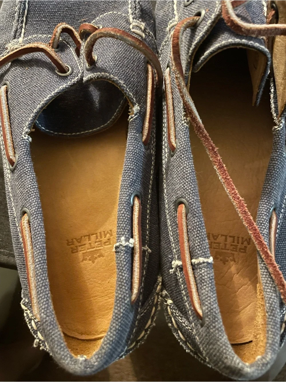 Peter Millar Men's Navy Canvas Boat Shoes with Brown Laces